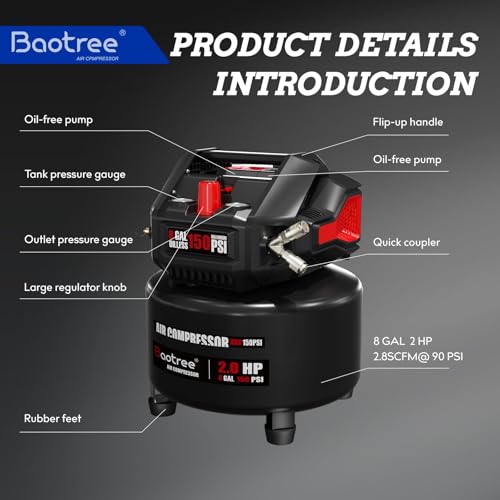 8 Gallon Portable Air Compressor, 2HP Motor 2.8SCFM@90 PSI,3.8SCFM@40PSl Max 150PSI Oil Free Air Compressor Tank, Garage Air Compressors for Car Repair, Spray Painting, Woodwork Nailing