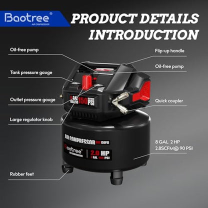 8 Gallon Portable Air Compressor, 2HP Motor 2.8SCFM@90 PSI,3.8SCFM@40PSl Max 150PSI Oil Free Air Compressor Tank, Garage Air Compressors for Car Repair, Spray Painting, Woodwork Nailing