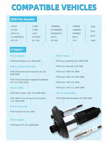 TAUTOY UF303TY Ignition Coil Spark Plug For Buick Rainier,Chevy Colorado Trailblazer,GMC Canyon Envoy,Hummer H3,Isuzu Ascender I-280 I-290 I-350 I-370 2.8L 2.9L 3.5L 3.7L 4.2L 2002-2009, Set of 6