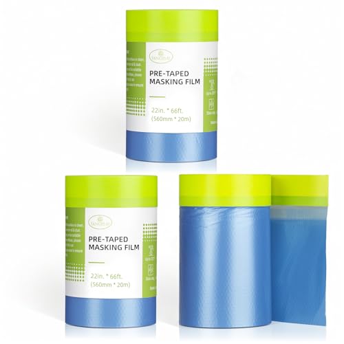 Tangibay Pre-Taped Masking Film for Painting - 22" x 66' Painters Plastic Sheeting with Automotive Paint Tape and Drape for Covering Cars, Walls, Windows and Furniture Protection (3 Rolls) - size: 3 Rolls: 22"
