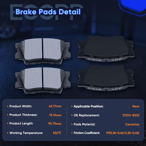 ECCPP Brake Pads, Ceramic Pad Kits D1222 D1212 For Toyota For Camry 2007-17 - size: Front D1222-8331 + Rear D1212-8332