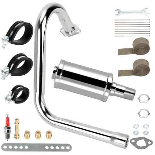 Left Long Exhaust Pipe Muffler Compatible with Predator 212cc 196cc Coleman CT200U RB200 Baja MB200 RT200 Mini Bike 6.5HP GX160 GX200 Performance Parts with Heat Shield Tape Main Jet Kit - color: Silver
