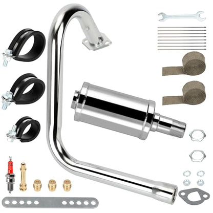 Left Long Exhaust Pipe Muffler Compatible with Predator 212cc 196cc Coleman CT200U RB200 Baja MB200 RT200 Mini Bike 6.5HP GX160 GX200 Performance Parts with Heat Shield Tape Main Jet Kit - color: Silver