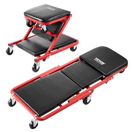 VEVOR Foldable Z Garage Creeper, 36 in, 300 lbs Load Capacity Rolling Folding Mechanic Creeper Stool, with 6 Wheels Tool Tray Padded Seat Steel Frame, Lay Down or Sit Chair for Garage Shop or Home - color: Red, size: 36 inch-2 in 1