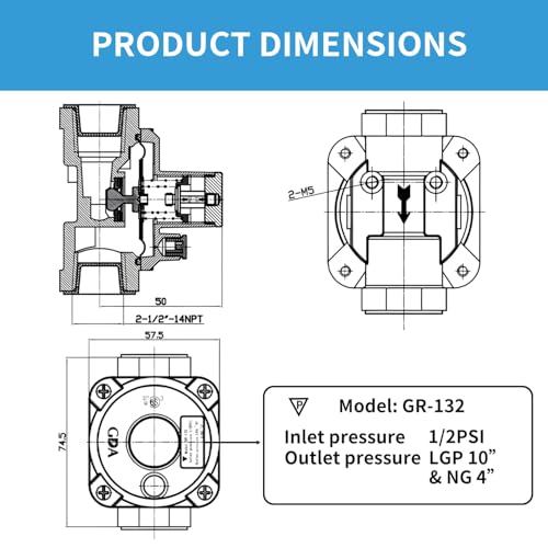 1/2" Natural/Propane Gas Pressure Regulator with 2 Brass Pipe Fittings (1/2" x 1/4"), LPG 10" NG 4" (Outlet Pressure), 1/2 PSI (Inlet Pressure), 13/16" in and Out Opening - size: 1/4