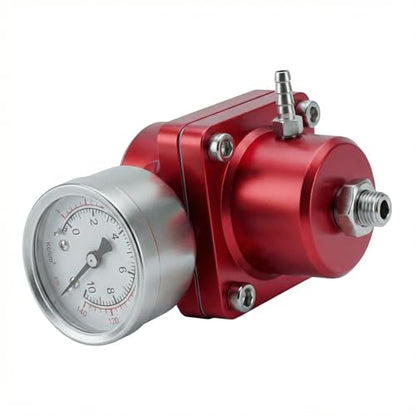 Universal Adjustable Fuel Pressure Regulator Kit 0-140 PSI Gauge Blue Aluminum FPR 11cm(4.33") Height for Gasoline Injection Performance (Red) - color: Red