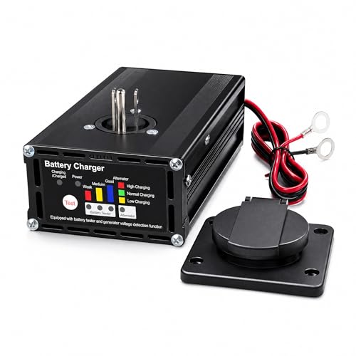 10 AMP 12 Volt Battery Charger & Tester for Dump Trailers, Cars (Automotive), RVs, Marine (Boats), Panel Mount On Board Trickle Charger Maintainer, LED Battery & Alternator Status, Trailer Accessories