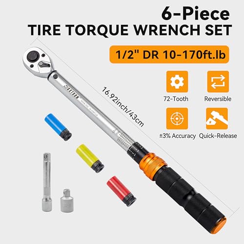 1/2 Inch Drive Click Torque Wrench Set for Tire Changes | 10-170 ft-lb/13.6-230.5 Nm, ±3% Accuracy, 17/19/21 mm Lug Nut Sockets, 72-Tooth Ratchet, Storage Case - size: 1/2" Drive, 6-Piece