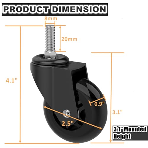 Creeper Wheels Replacement Set of 6, 2.5-Inch Roller Blade Creeper Casters, Heavy Duty M8 x 20mm Metric Swivel Caster, 360 Degree No Noise Creepers Replacement Wheel for Mechanic Seat Shop Stool - size: M8x20
