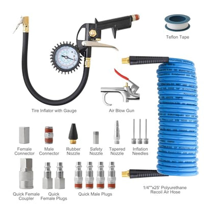 Gunpla 19 Pieces Air Compressor Accessories kit, Heavy Duty Air Blow Gun Air Hose Fittings and 150 PSI Tire Inflator Gauge, 1/4 in x 25 ft Recoil Poly Air Compressor Hose Kit