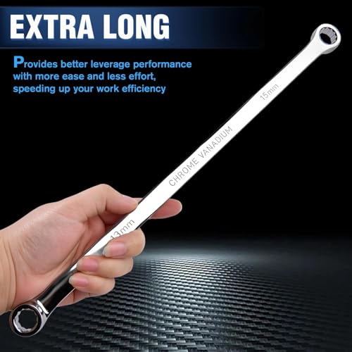 SPEEDWOX Double Box End Wrench 13 x 15 mm Extra Long Wrench Chrome Vanadium Steel Aviation Wrenches Metric 12 Point Extra 0 Degree Offset Polished Long Spanner Tools for Repairs, 14 Inch - size: 13*15