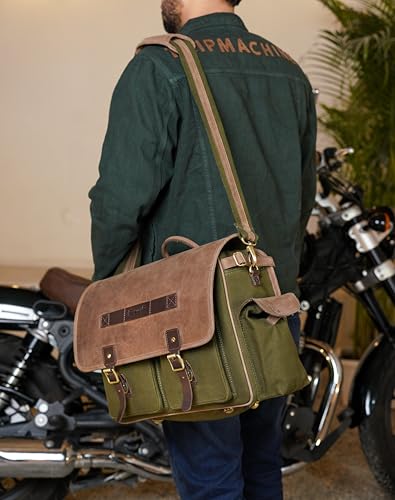 Trip Machine Company Expedition Motorcycle Saddle Bags – 25L Each (50L Pair) 16oz Heavy-Duty Canvas & Leather Panniers, Waterproof Lining with Rain Cover (Left Side, Green) - color: Green, style: Left Side