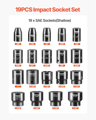 VEVOR Impact Drive Socket Set 1/2 Inches 19 Piece Impact Sockets SAE, Standard Socket Assortment, (3/8 Inches to 1-1/2 Inches) 6-point Hex Sockets - size: 1/2" 19 PCS