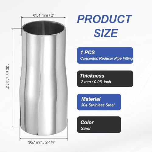 PATIKIL Concentric Reducer Pipe Fitting, 2-1/4"(57mm) to 2"(51mm) OD 304 Stainless Steel Butt Weld Tube Long Reducer Exhaust Pipe for Food Beverage HVAC Plumbing, Silver - size: 2-1/4" to 2" OD