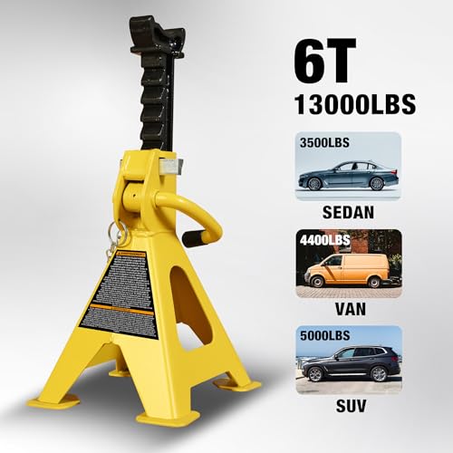 YELLOW JACKET Jack Stands 6 Ton with Double Locking and Large Foot Base for Lifting SUVS, Heavy Duty Steel, 13000 lb Capacity, 1 Pair, Yellow - color: yellow, size: 6 ton double locking and upgraded base