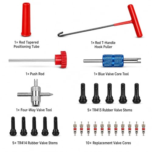 Valve Stem and Core Removal Replacement Tool Kit,Valve Stem Installation Tool Without Removing Tire,Snap Fix Mate Valve Stem with 5 TR413/TR414 for Cars Motorcycles Lawn Mowers ATVs