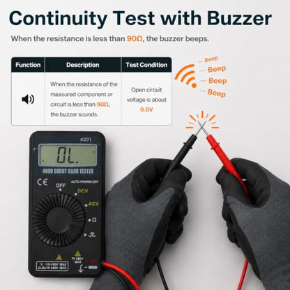 AIOMEST Digital Multimeter,Pocket Voltmeter Ohmmeter Measuring AC&DC Voltage Resistance Continuity Buzzer Diode Test, Auto Ranging Card Volt Ohm Tester DMM AI-4201