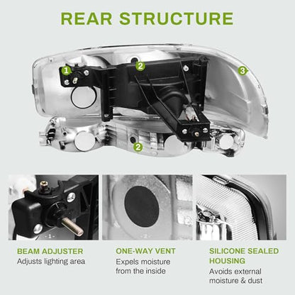 AUTOSAVER88 Headlights Assembly Compatible with 1999-2006 GMC Sierra 1500/2500, 2001-2006 Sierra 1500HD/2500HD/3500, 2000-2006 GMC Yukon XL Chrome Housing Clear Reflector - color: Chrome Housing Clear Reflector