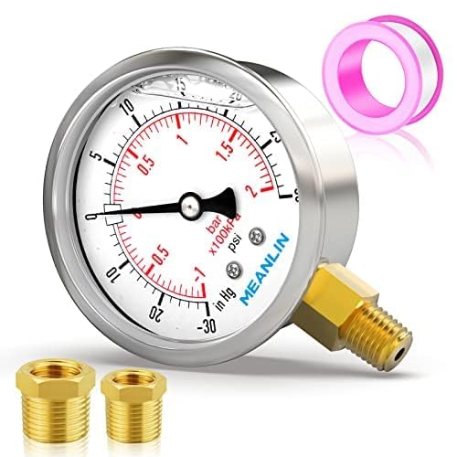 MEANLIN MEASURE -30inHG~30Psi Stainless Steel 1/4" NPT 2.5" FACE DIAL Vacuum Pressure Gauge, Lower Mount, with 1/2" NPT and 3/8" NPT Hex Bushing - size: -30inHG-30Psi