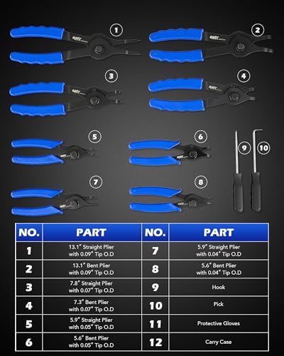 OMT Snap Ring Pliers Set, 10Pc Internal & External Circlip Tool With Hook - color: Black