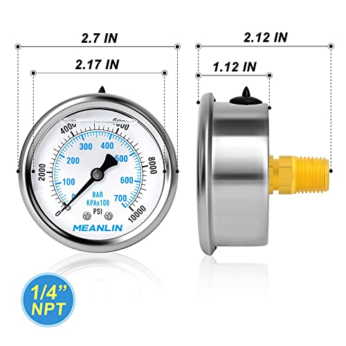 MEANLIN MEASURE 0~10000Psi Stainless Steel 1/4" NPT 2.5" FACE DIAL Liquid Filled Pressure Gauge WOG Water Oil Air Center Back Mount, with 1/2" NPT and 3/8" NPT Hex Bushing - size: 0-10000Psi
