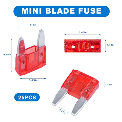 25 PCS 10 Amp Mini Car Fuses, 10A Automotive Blade Fuse Kit for Short Circuit Protection, Blade Style Fuses Replacement for Car RV Truck SUV Motorcycle, Car Accessories - color: 10A