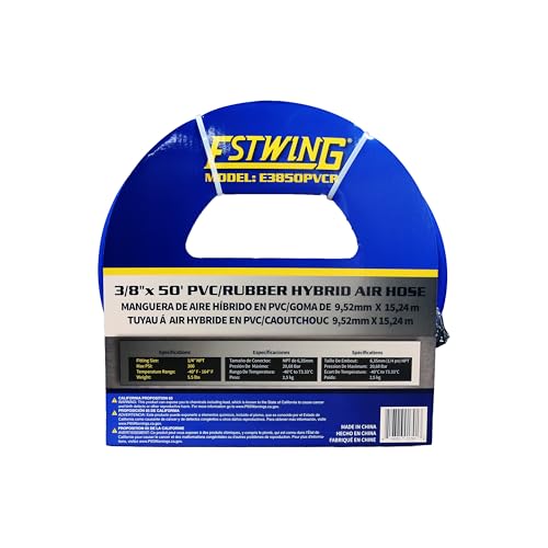 Estwing E3850PVCR 3/8" x 50' PVC/Rubber Hybrid Air Hose with 1/4" Brass Fittings , Blue - size: 3/8” x 50’