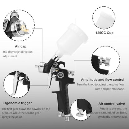 Mini HVLP Air Spray Gun, Touch Up Paint Guns with 0.8/1.0mm Nozzles - color: Black