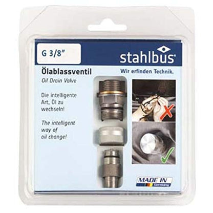 Stahlbus Oil Drain Valve Plug G 3/8 inch-19 = R 3/8 inch = 3/8 inch BSP Steel - CLEAN, EASY, NO TOOL Oil Change - Includes: Oil Drain Plug, Washer, Cap, Connector, Silicone Hose - size: G 3/8 inch-19 = R 3/8 inch = 3/8 inch BSP