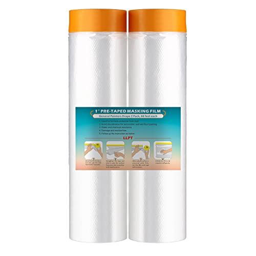 LLPT Pre-Taped Masking Film, 106.3" Unfolded x 66Ft, 0.27 Mil, 2 Pack - size: 106.3 Inch x 66 Ft