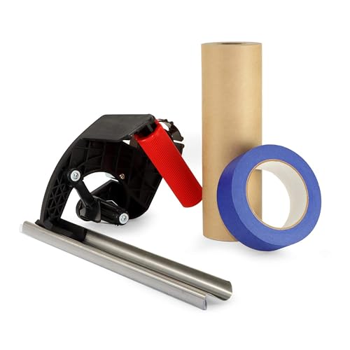 IDL Packaging Masking Kit - 9" x 60 Yards Brown Masking Paper (1 Roll) & 1.41" x 60 Yards Blue Tape (1 Roll) & Manual Paper/Tape Dispenser (Built-in Blade) - size: Pack of 1, style: Masking Kit 9" Blue