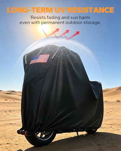 PBYMT Motorcycle Cover Waterproof Outdoor, All Season Protection with Night Reflective Strips Lock Holes and American Flag, Fits up to 104"