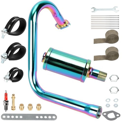 Left Long 212cc Exhaust Pipe with Muffler Compatible with Predator 212 196cc Coleman CT200U BT200X Axis M200 Mini Bike 6.5hp GX160 GX200 Clone Engine KT196 Go Kart with Main Jet Kit Colorful - color: Colourful