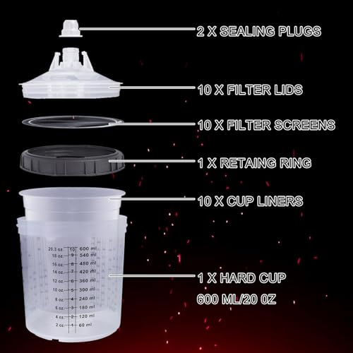 Disposable Paint Sprayer Gun Cup 20 Ounce(600ML) Kit with 10 Cups and Lids System, 1 Hard Cup with Retainer Ring, 2 Plugs, 1 Paint Stirrer, 10 Paint Strainers for Automotive Commercial Coatings - size: 20 Ounce kit 10pcs