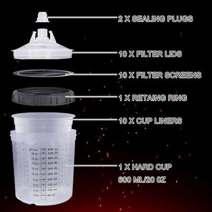 Disposable Paint Sprayer Gun Cup 20 Ounce(600ML) Kit with 10 Cups and Lids System, 1 Hard Cup with Retainer Ring, 2 Plugs, 1 Paint Stirrer, 10 Paint Strainers for Automotive Commercial Coatings - size: 20 Ounce kit 10pcs