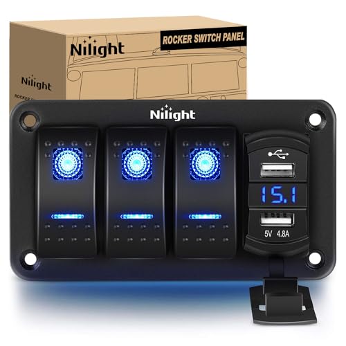 Nilight 3 Gang Rocker Switch Panel with 4.8 Amp Dual USB Charger Voltmeter Night Glow Stickers Waterproof 12V 24V DC Switches for Cars Trucks Boats RVs, 2 Years Warranty,Blue - color: Blue, size: 4 Gang Dual USB