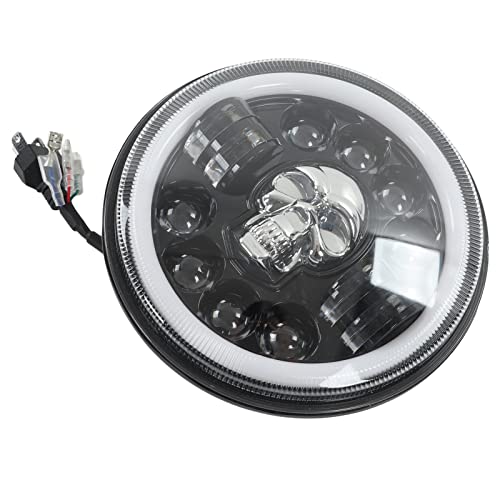 Motorcycle Headlight, Skull Head Pattern Dustproof Waterproof Motorcycle Round Headlamp White Lighting for Modification (Pokerty9Bq0QkCfX)