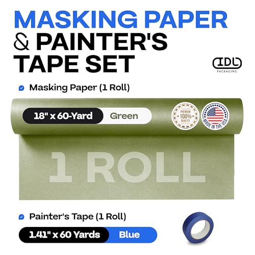 IDL Packaging Premium Masking Kit - 18" x 60 Yards Green Masking Paper (1 Roll) and 1.41" x 60 Yards Blue Tape (1 Roll) - Masking Set to Protect Surfaces - Great for Automotive Industry - color: 18"x180', Green, size: 1 Roll + Tool