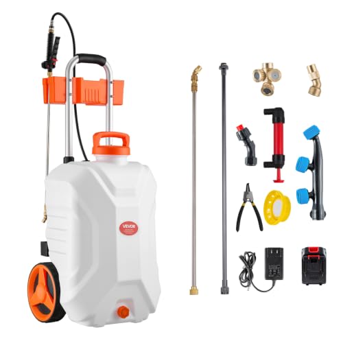 VEVOR Battery-Powered Sprayer with Wheeled Cart, 10 Gallons Electric Weed Sprayer, Adjustable 0-80 PSI, Yard Lawn Sprayers with Wheels, 5 Nozzles & 98ft Hose, 3-6H Spray Time, for Weeding, Cleaning - size: 10 Gal