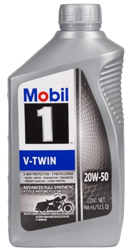 Mobil 1 Motor Oil, V-Twin, 20W50, Synthetic, 1 qt Bottle, V-Twin Motorcycles, Each - size: 1 Quart (32 Ounces)