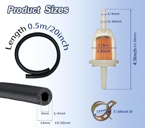 1/4" Fuel Line Kit 20" Long - Clear Inline Fuel Filter + 4 Steel Clamps for ATV Lawn Mower
