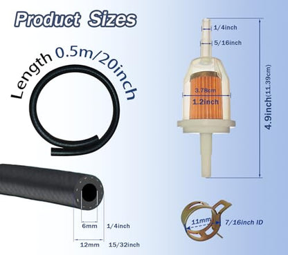 1/4" Fuel Line Kit 20" Long - Clear Inline Fuel Filter + 4 Steel Clamps for ATV Lawn Mower