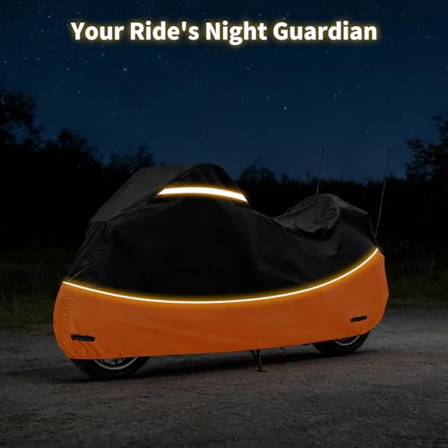 Motorcycle Cover Heavy Duty 420D Oxford Waterproof,Touring Motorcycle Cover Compatible with Harley Davidson Road King,Street Glide, Road Glide, Ultra Limited, CVO,Fits Motorcycles Up to 110" - size: 110"-Side+Top Box