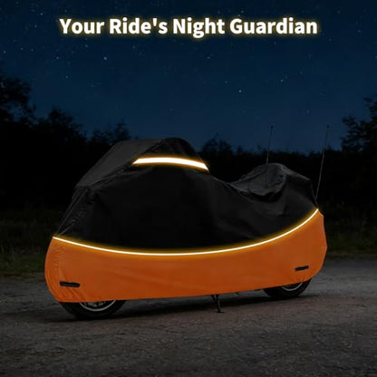 Motorcycle Cover Heavy Duty 420D Oxford Waterproof,Touring Motorcycle Cover Compatible with Harley Davidson Road King,Street Glide, Road Glide, Ultra Limited, CVO,Fits Motorcycles Up to 110" - size: 110"-Side+Top Box