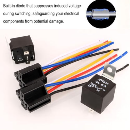 Gebildet 2pcs JD1914 Car Relay Harness 12V 40A 4 Pin SPDT 12AWG Harness Sockets with Built-in Diode for Automotive Truck Van Motorcycle Boat - style: 12V-5pin