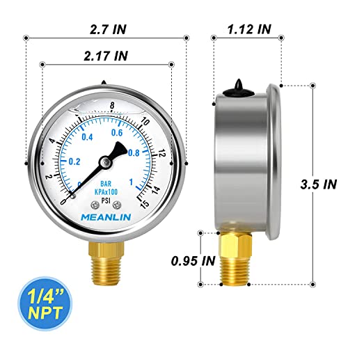 MEANLIN MEASURE 0~15Psi Stainless Steel 1/4" NPT 2.5" FACE DIAL Liquid Filled Pressure Gauge WOG Water Oil Lower Mount, with 1/2" NPT and 3/8" NPT Hex Bushing - size: 0-15Psi