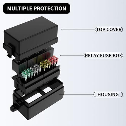 RVBOATPAT 12 Volt Fuse Relay Box Pre-Wired Fuse and Relay Box with 4 Relays and 12 Way ATC/ATO Fuses Sealed 12V Relay Fuse Box Block for Auto Car Marine Boat