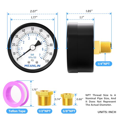 MEANLIN MEASURE 0-100Psi 2" DIAL FACE 1/4" NPT Well Pump Pressure Gauge, with 1/2" NPT and 3/8" NPT Hex Bushing, 3-2-3% Accuracy, Center Back Mount - color: 1/4"NPT Back Mount, size: 0-100Psi