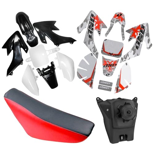CRF50 Plastic Kit XR50 Plastic Fender Kit with Graphics Sticker Decals Kit & Red Seat & Fuel Tank For CRF 50 XR 50 SDG SSR 107 110 125 Pit Dirt Bike Motorcycle (Black+White) - color: Black+White