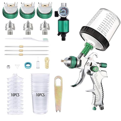 Professional HVLP Spray Gun, 1.4/1.7/2.0mm Nozzle HVLP High Atomization Flow Adjustable Pneumatic Gravity Spray Gun (Green) - color: 2008-1.4set-green-2